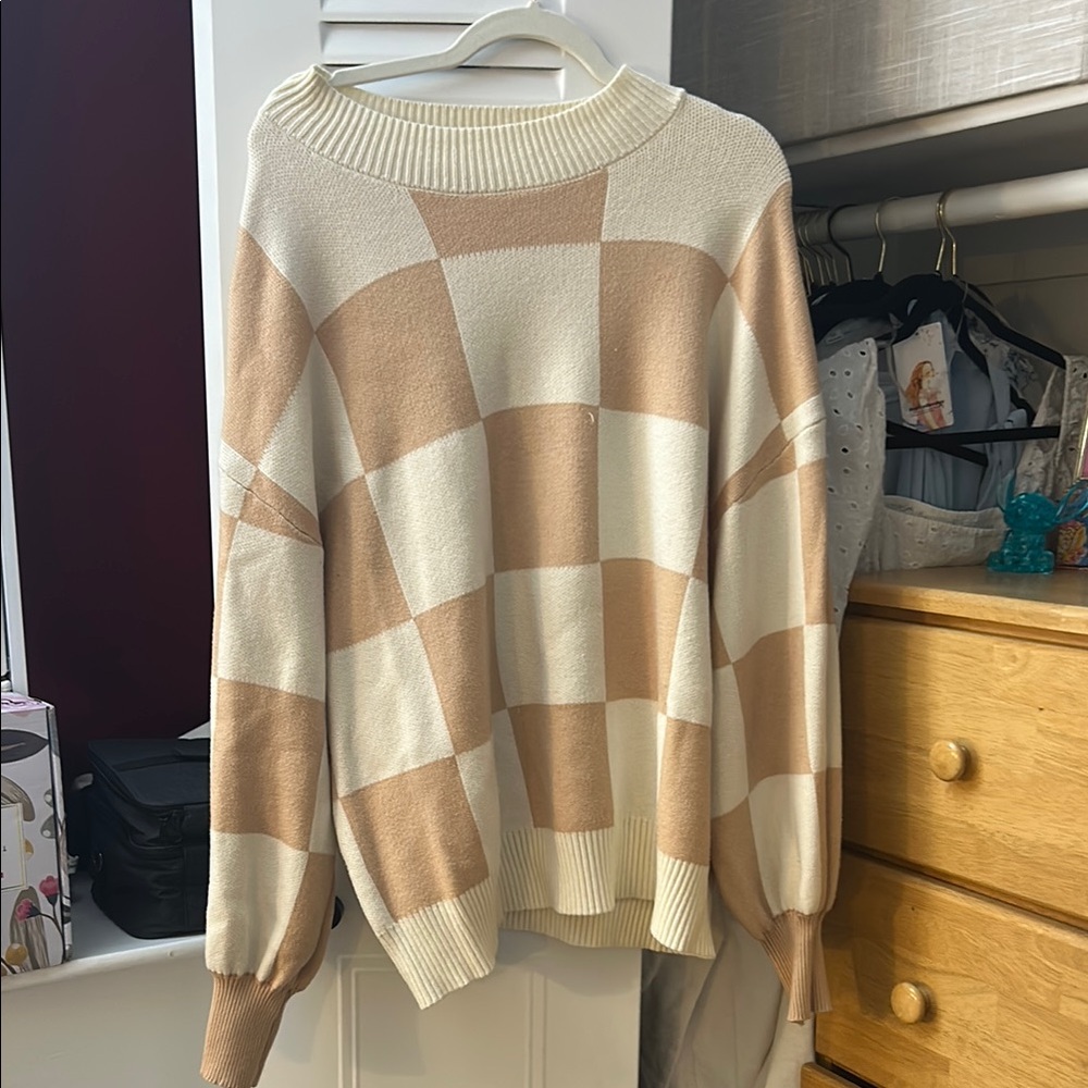 Checkered Cream and Tan Sweater